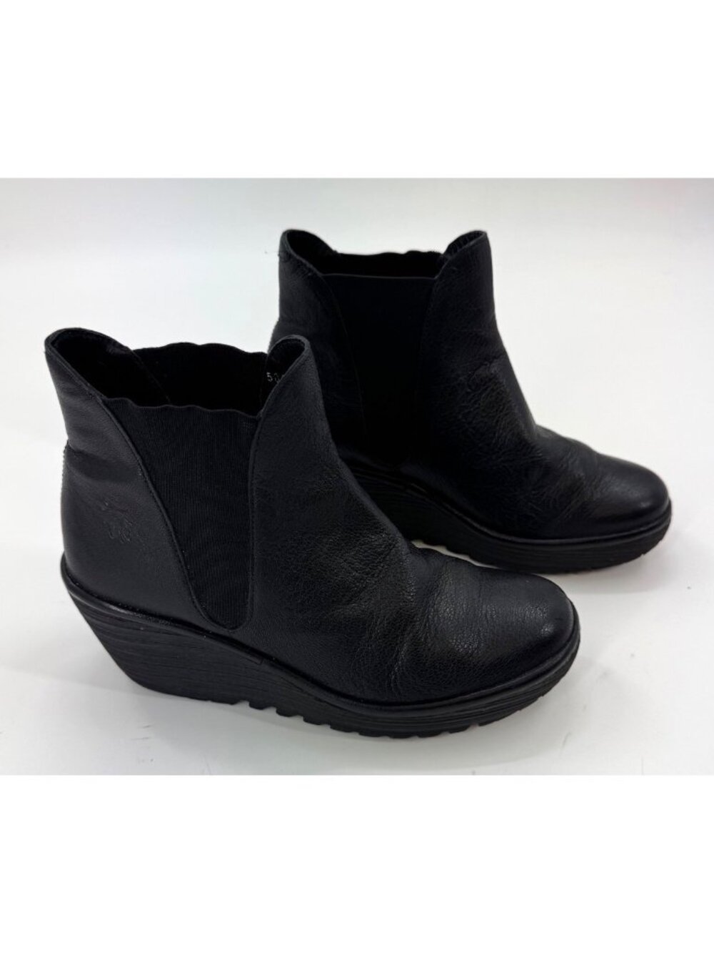 Fly London Yasso Black Leather Ankle Boots Wedge Heel Size 6 / 37 Made In Portug